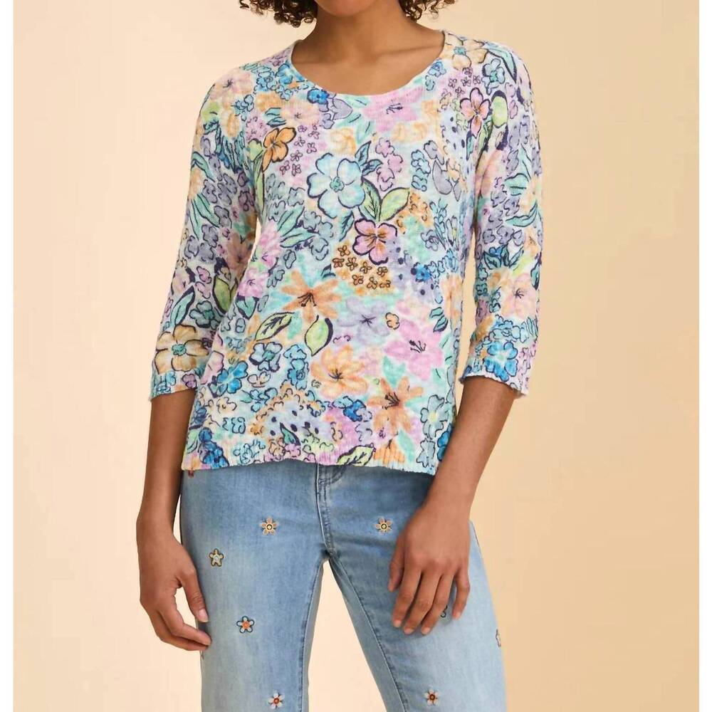 NEW FDJ ambush floral scoop print sweater in blue
